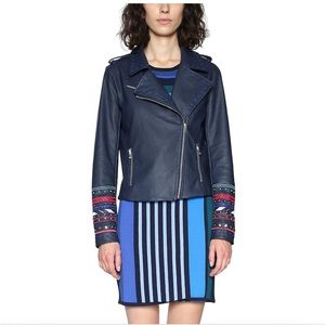 Desigual Annick Faux Leather Bomber Moto Jacket Sleeves Floral Sz 40